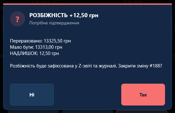 Підтвердження закриття зміни з розбіжністю Підтвердження закриття зміни з розбіжністю
