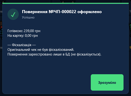 Повідомлення «Повернення оформлено» із сумами готівкою й на картку Повідомлення «Повернення оформлено» із сумами готівкою й на картку
