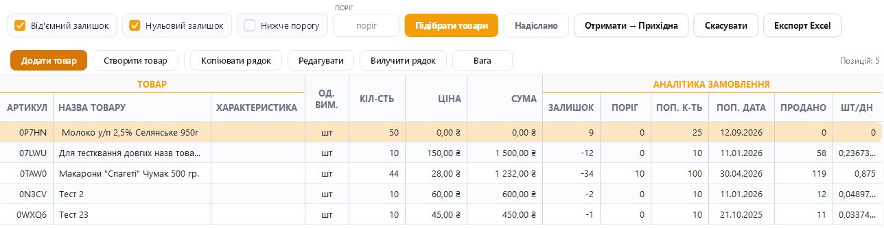 Панель «Підібрати товари» над таблицею рядків Панель «Підібрати товари» над таблицею рядків